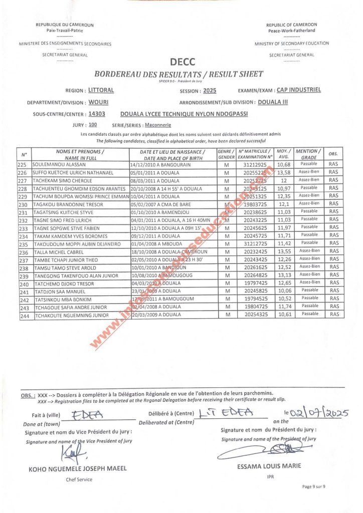Résultats CAP IND littoral 2025 Lycée technique NDOGPASSI 19 Résultats CAP IND littoral 2025 Lycée technique NDOGPASSI