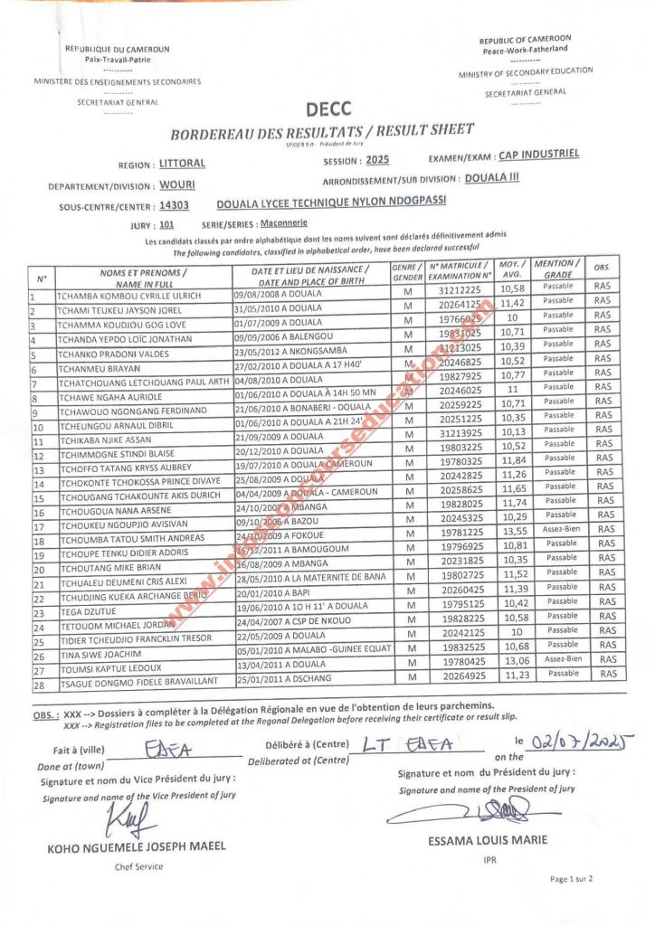 Résultats CAP IND littoral 2025 Lycée technique NDOGPASSI 18 Résultats CAP IND littoral 2025 Lycée technique NDOGPASSI