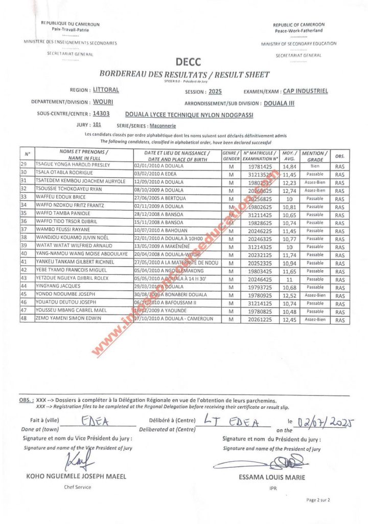 Résultats CAP IND littoral 2025 Lycée technique NDOGPASSI 17 Résultats CAP IND littoral 2025 Lycée technique NDOGPASSI