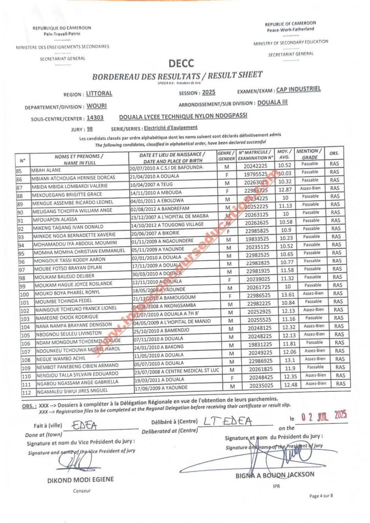 Résultats CAP IND littoral 2025 Lycée technique NDOGPASSI 13 Résultats CAP IND littoral 2025 Lycée technique NDOGPASSI