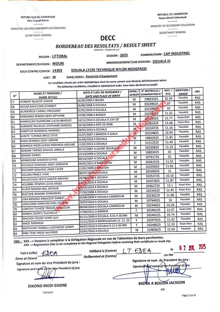 Résultats CAP IND littoral 2025 Lycée technique NDOGPASSI 7 Résultats CAP IND littoral 2025 Lycée technique NDOGPASSI