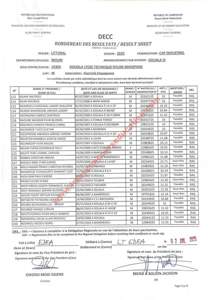 Résultats CAP IND littoral 2025 Lycée technique NDOGPASSI 5 Résultats CAP IND littoral 2025 Lycée technique NDOGPASSI