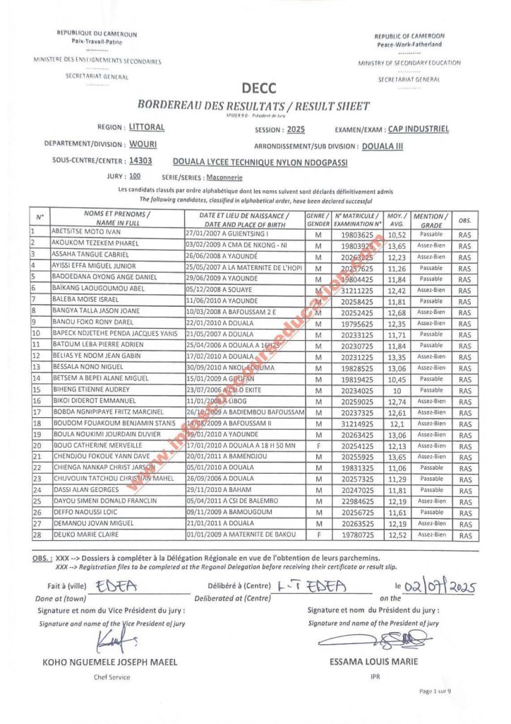 Résultats CAP IND littoral 2025 Lycée technique NDOGPASSI 2 Résultats CAP IND littoral 2025 Lycée technique NDOGPASSI