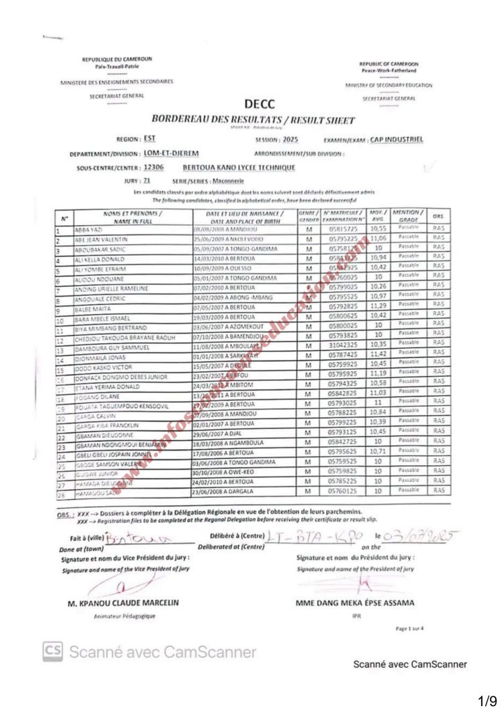 Résultats CAP IND lycée technique Kano de Bertoua 2025