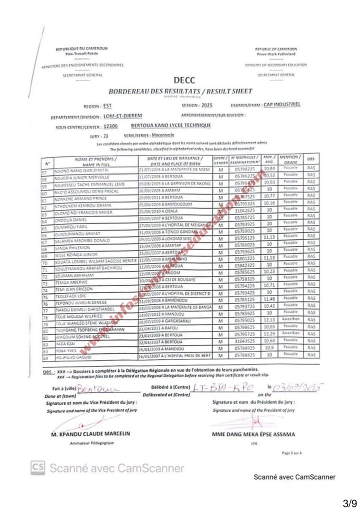 Résultats CAP IND lycée technique Kano de Bertoua 2025