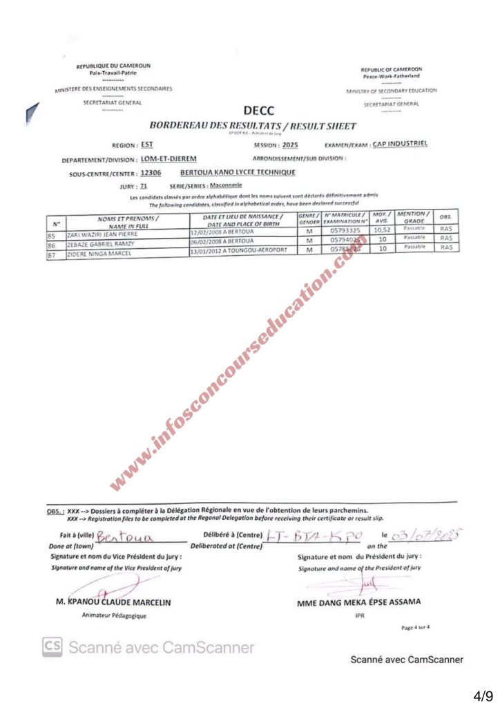 Résultats CAP IND lycée technique Kano de Bertoua 2025