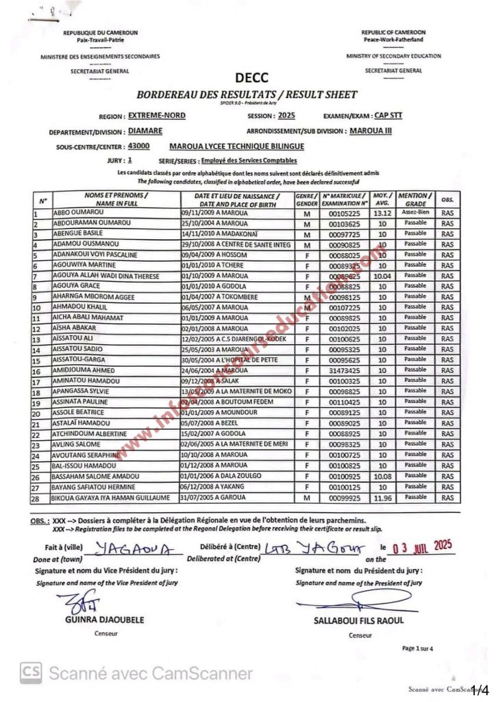 Résultats CAP STT 2025 lycée technique bilingue de MAROUA.