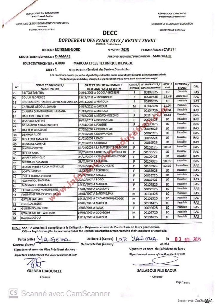 Résultats CAP STT 2025 lycée technique bilingue de MAROUA.