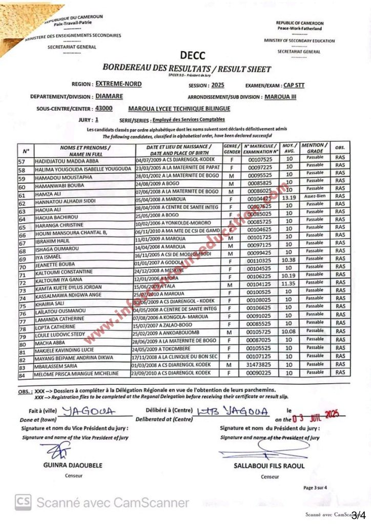 Résultats CAP STT 2025 lycée technique bilingue de MAROUA.