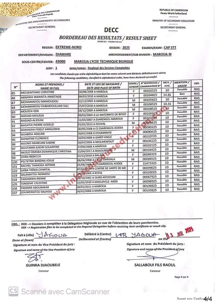 Résultats CAP STT 2025 lycée technique bilingue de MAROUA.
