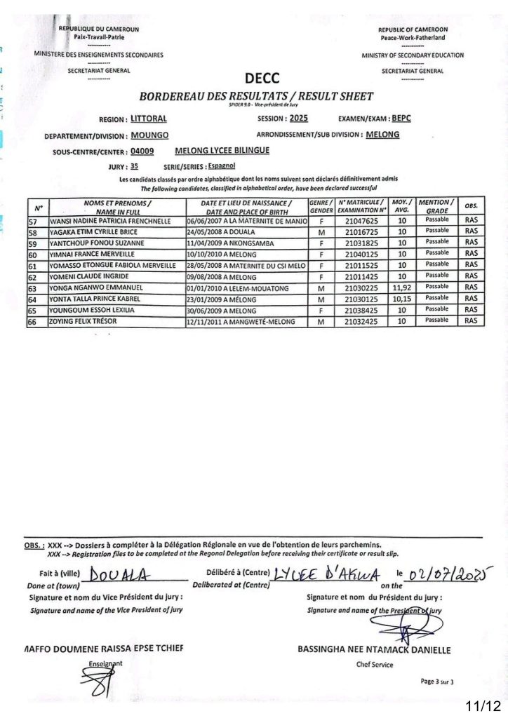 Résultats BEPC 2025 Littoral - Sous centre Lycée Bilingue de Melong 2 Résultats BEPC 2025 Littoral - Sous centre Lycée Bilingue de Melong
