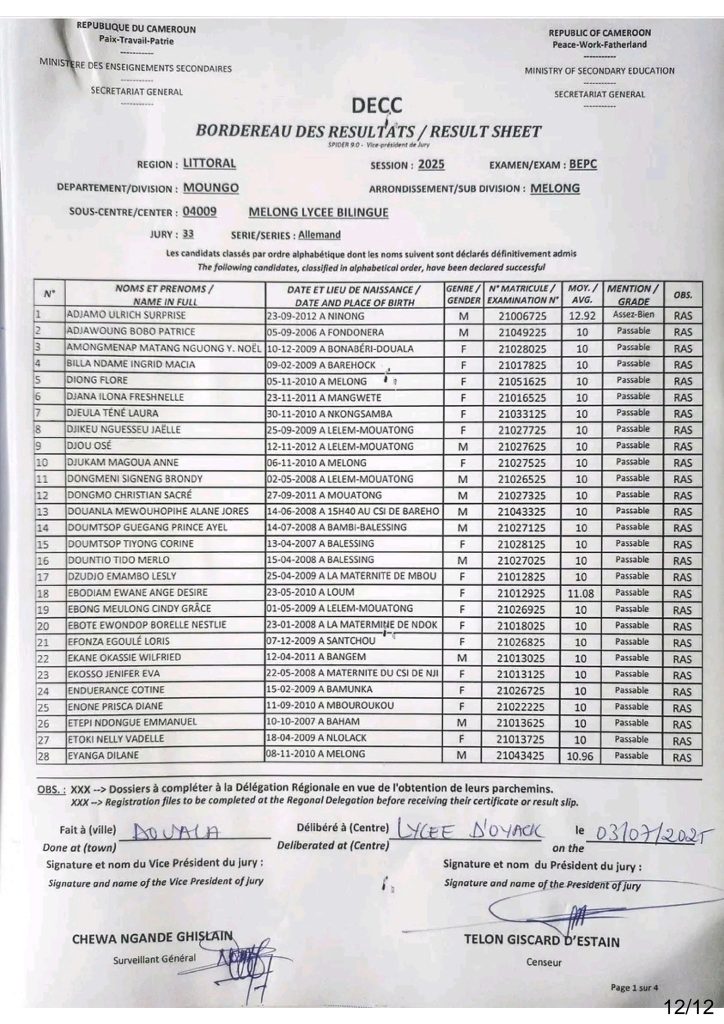 Résultats BEPC 2025 Littoral - Sous centre Lycée Bilingue de Melong 1 Résultats BEPC 2025 Littoral - Sous centre Lycée Bilingue de Melong