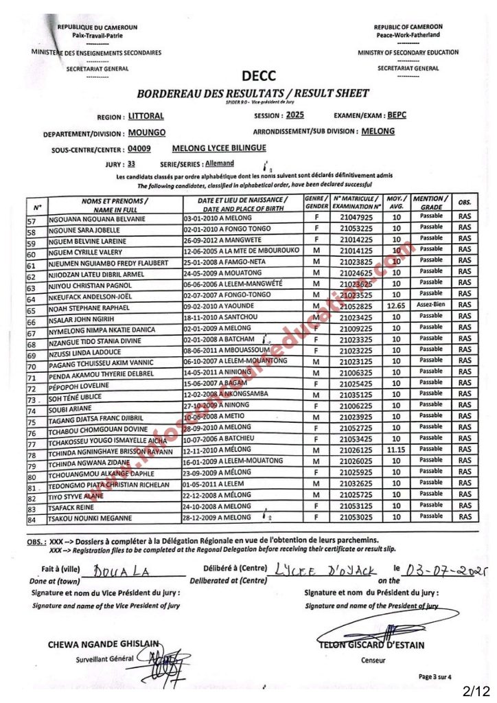 Résultats BEPC 2025 Littoral - Sous centre Lycée Bilingue de Melong 11 Résultats BEPC 2025 Littoral - Sous centre Lycée Bilingue de Melong