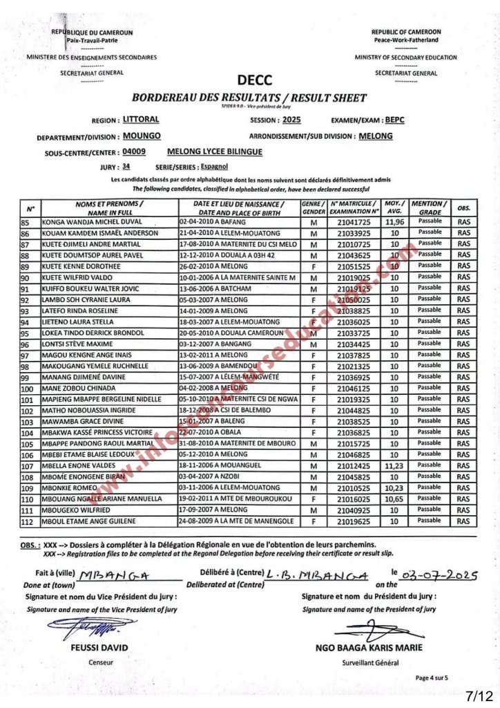 Résultats BEPC 2025 Littoral - Sous centre Lycée Bilingue de Melong 6 Résultats BEPC 2025 Littoral - Sous centre Lycée Bilingue de Melong