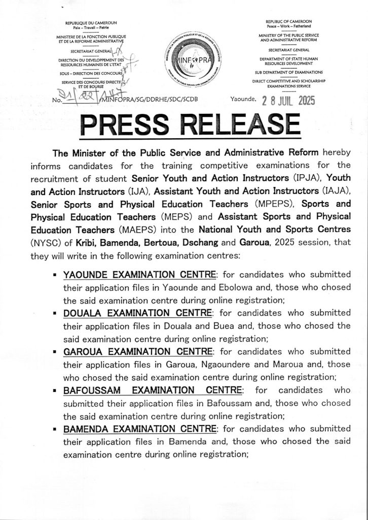 Communiqué radio-presse, à l'attention des candidats aux concours de formation des 05 et 06 août, 09 et 10 août 2025 5 Communiqué radio-presse, à l'attention des candidats aux concours de formation des 05 et 06 août, 09 et 10 août 2025